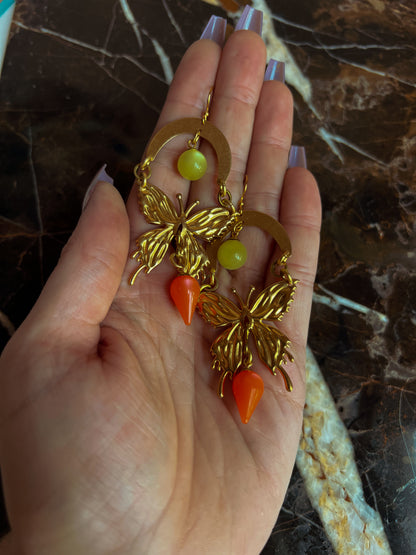 Brass and Deadstock Neon Yellow and Orange Moonglow Lucite Bauble Earrings with Abstract Butterflies