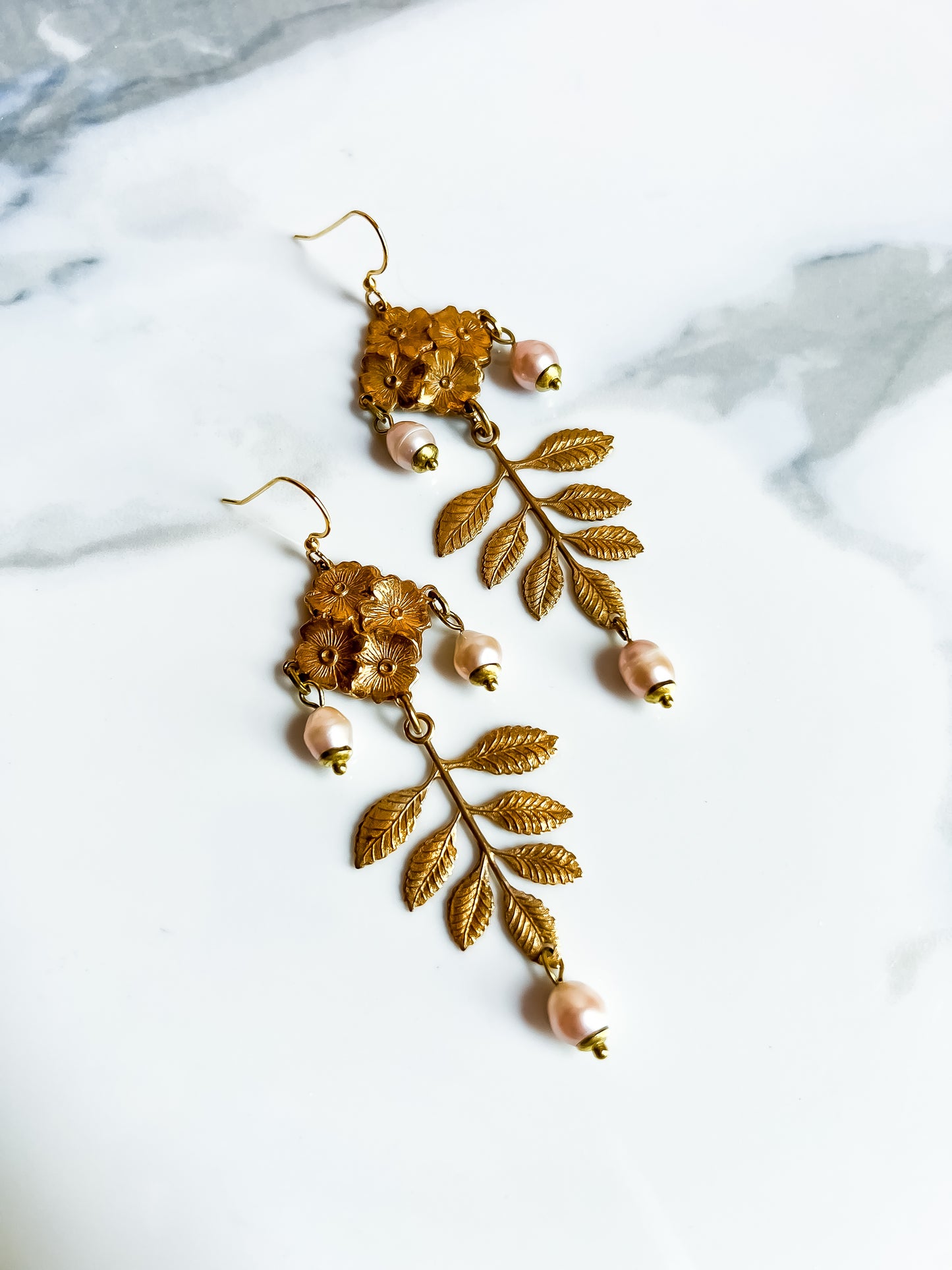 Antique Brass Flower and Leaf Earrings With Bead Capped Peach or Pink Pearls