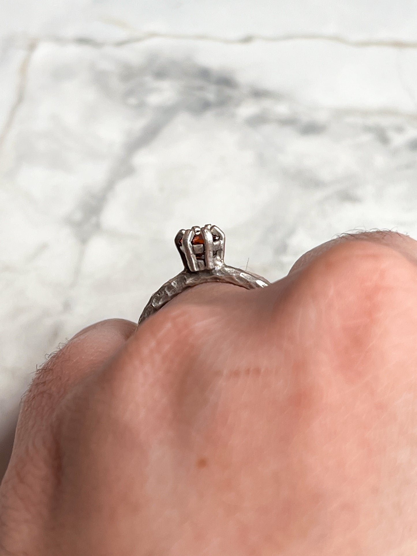 Silver Plated Hammered Brass Open Ring with Carnelian