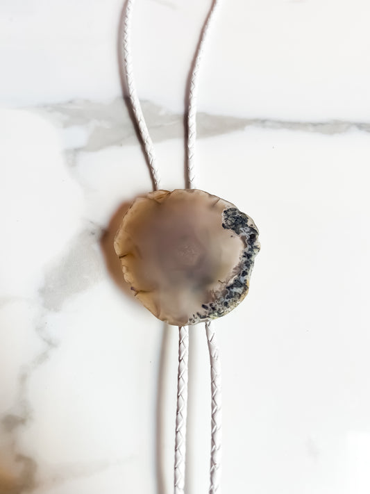 Grey Agate slab Bolo Tie With White Leather Cord and Silver Tone Tips