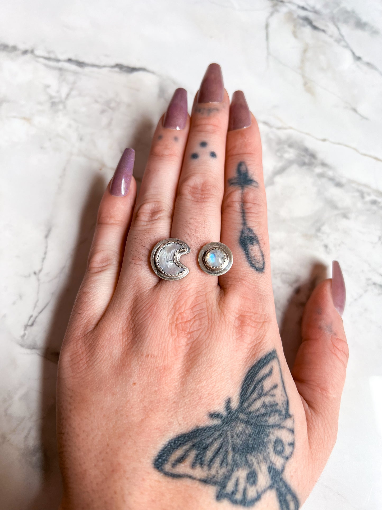 Open Band Sterling Silver Ring with Rainbow Moonstone and Mother of Pearl Moon