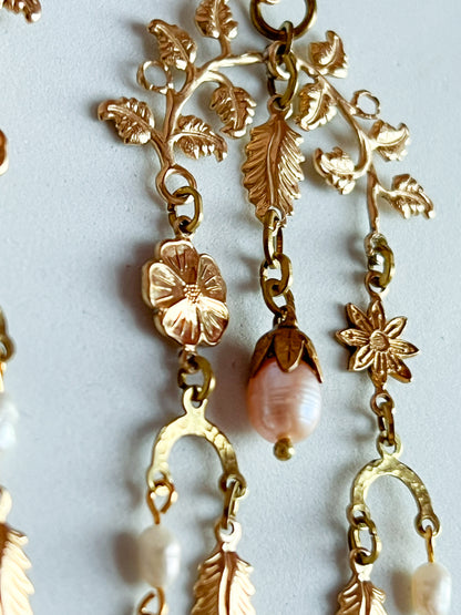 Antique and Vintage  Brass Garden Collage Flower and Leaf Earrings With Bead Capped Peach Pearls and freshwater rice pearls