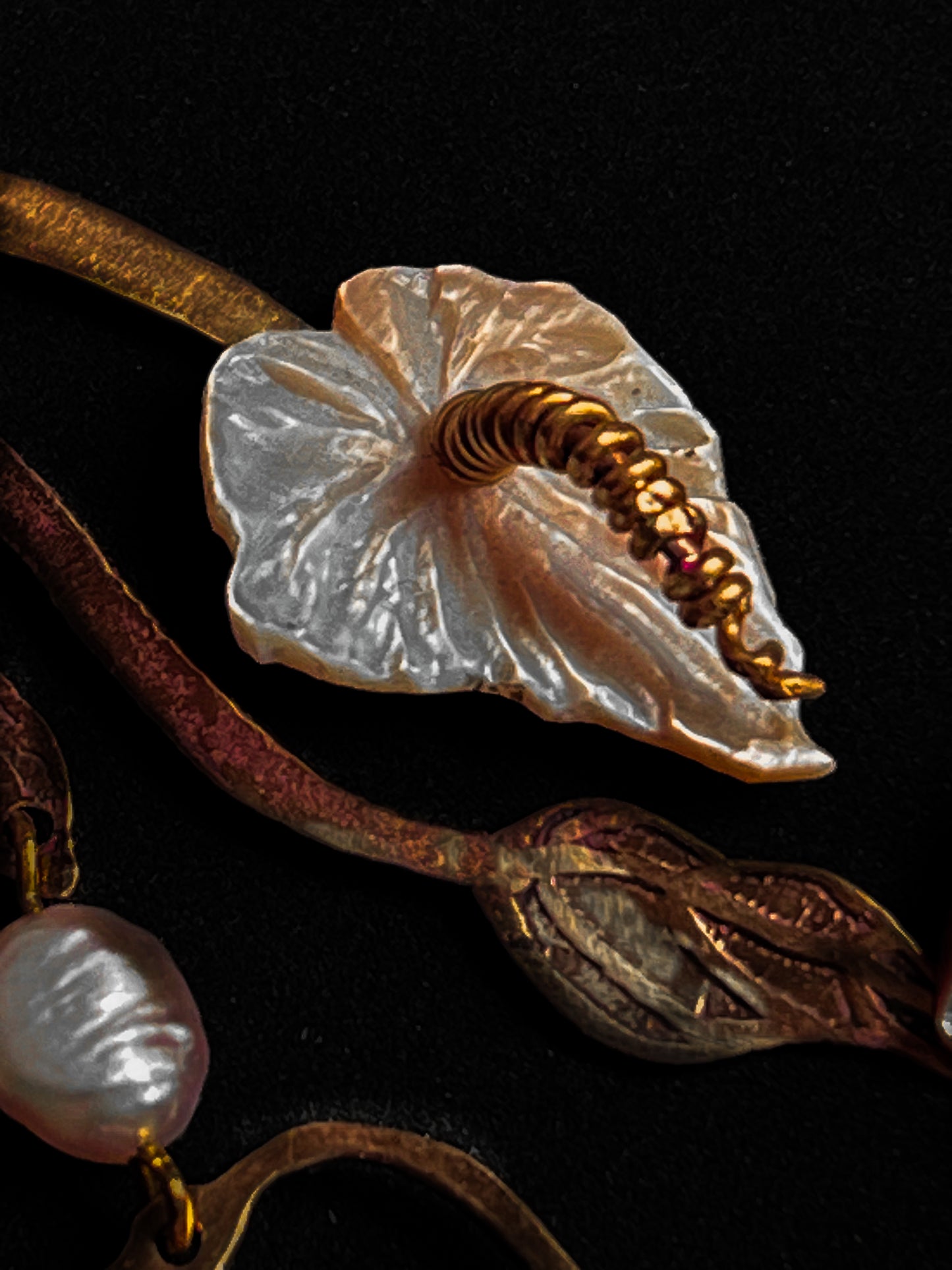 Etched Brass Anthurium Flower Earrings with Hand-Carved Mother of Pearl Flowers