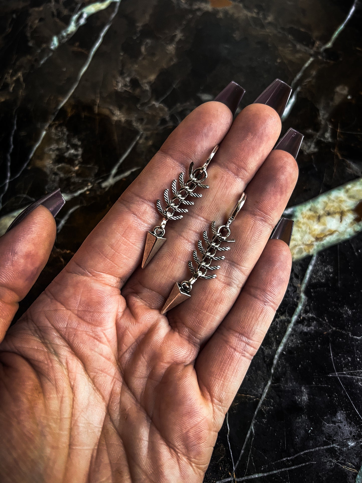 Silver plated brass fishbone chain earrings with vintage pewter spikes and sterling silver mini hoops