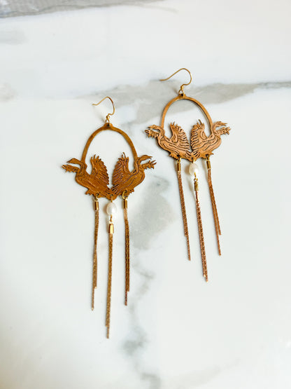 Etched Brass Swan Earrings with Pearl and Fringe snake chain