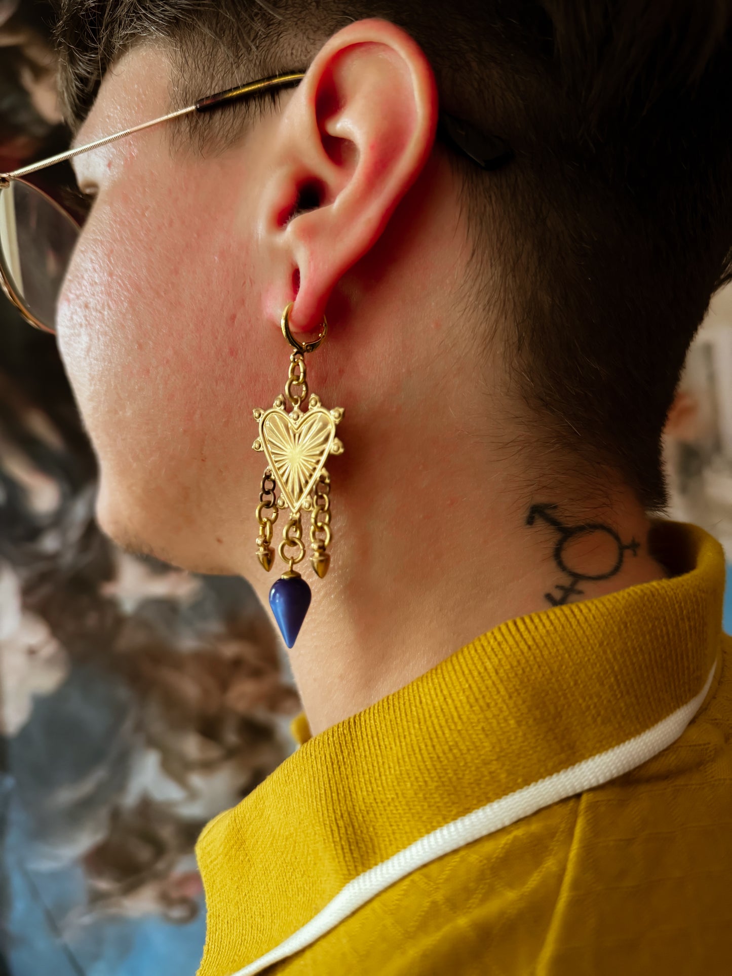 Brass and Deadstock Royal Blue Moonglow Lucite Bauble Earrings with Hearts and Spikes