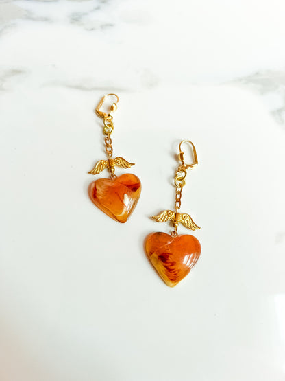 Brass and Deadstock Faux Tortoise Heart Bauble Earrings