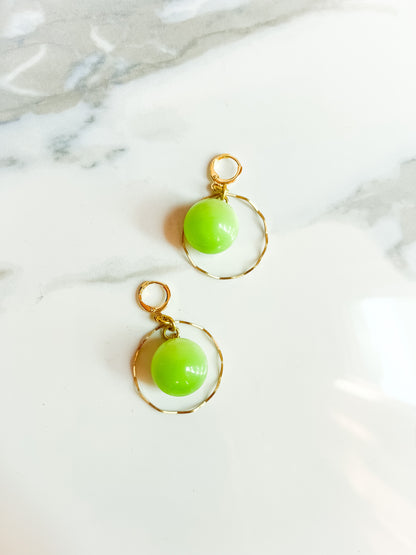 Brass and Deadstock 40's Moonglow Lime Green Lucite Bauble Earrings