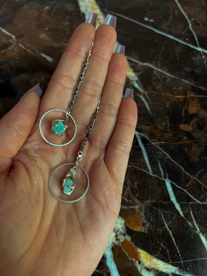 Silver Plated Brass Claw Clasped Amazonite Earrings With Stainless Chain and Sterling Ear Hooks