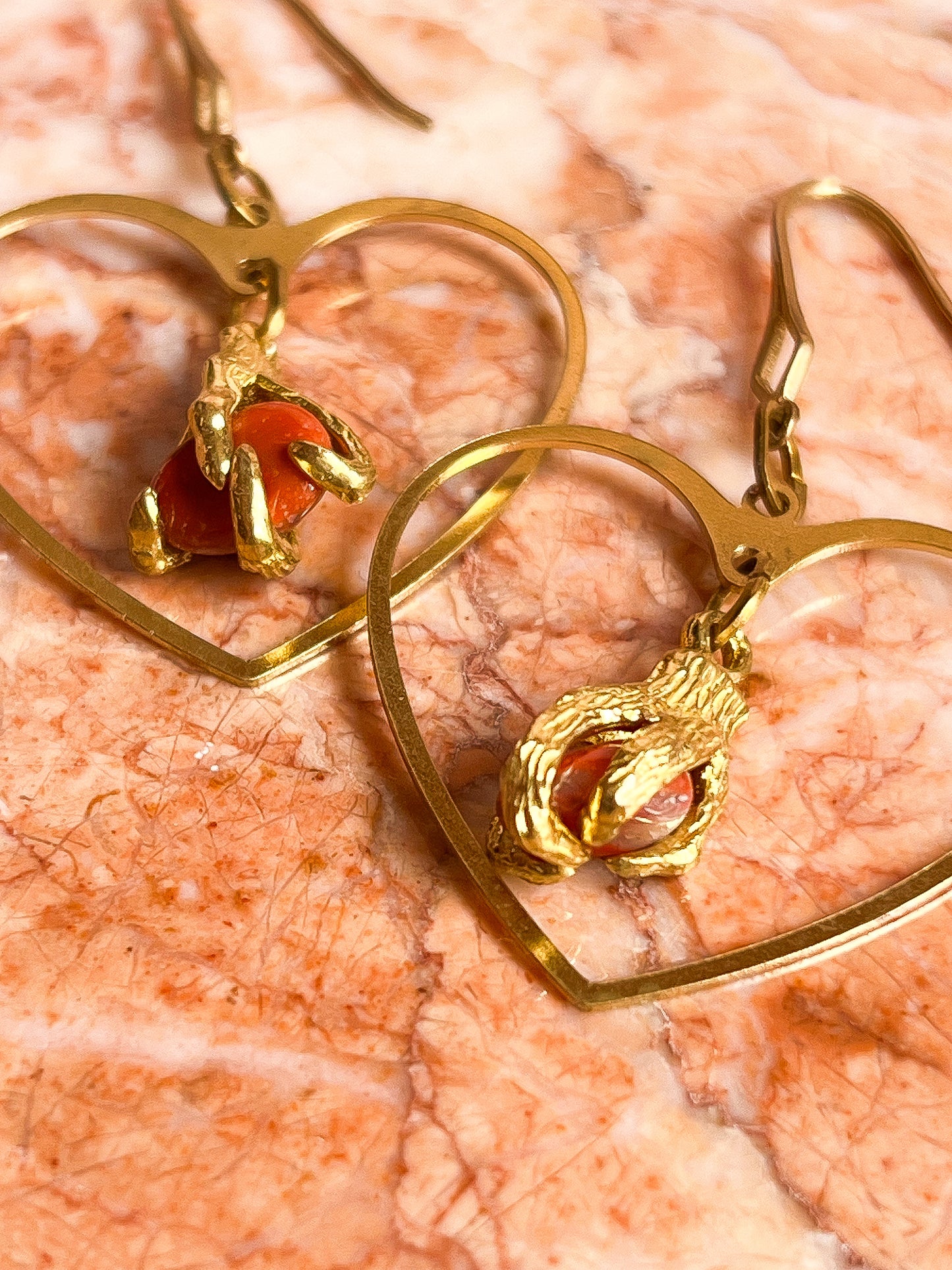 Brass Claw Clasped Red Japer Heart Earrings