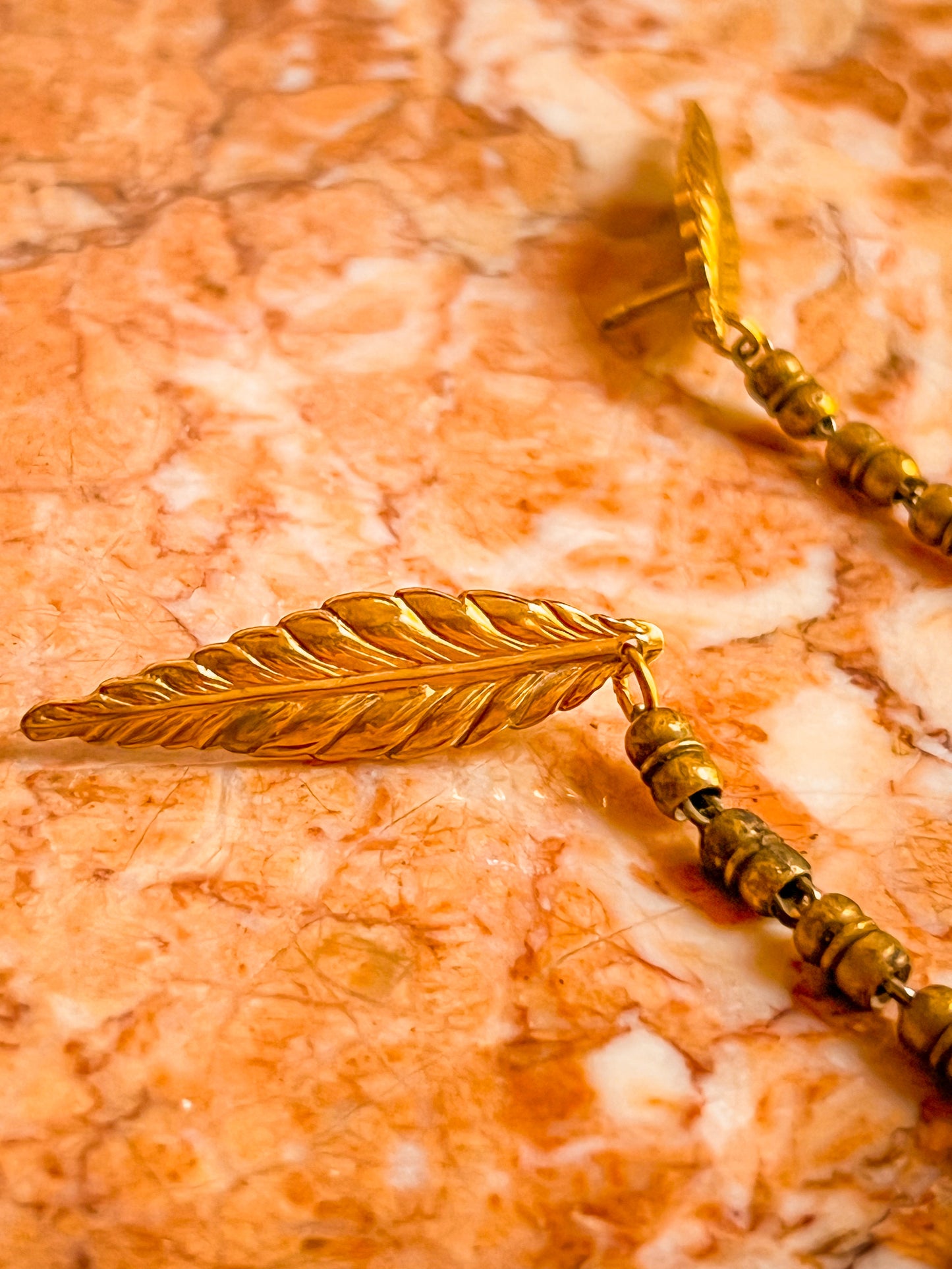 Antique Brass Leaf Collar Pins With peach and mauve pearls and Vintage Chain