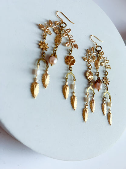 Antique and Vintage  Brass Garden Collage Flower and Leaf Earrings With Bead Capped Peach Pearls and freshwater rice pearls