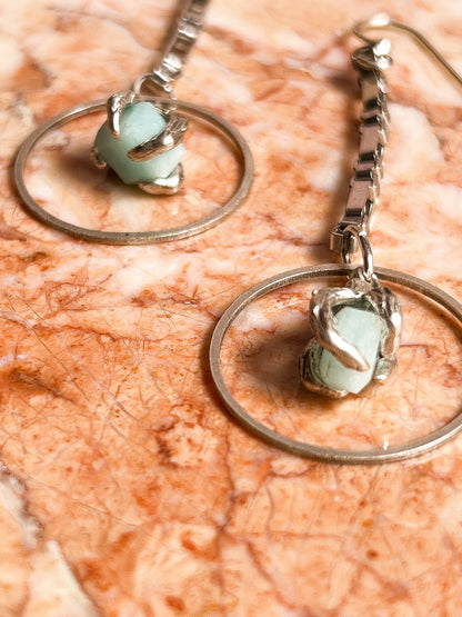 Silver Plated Brass Claw Clasped Amazonite Earrings With Stainless Chain and Sterling Ear Hooks