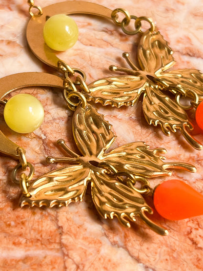 Brass and Deadstock Neon Yellow and Orange Moonglow Lucite Bauble Earrings with Abstract Butterflies