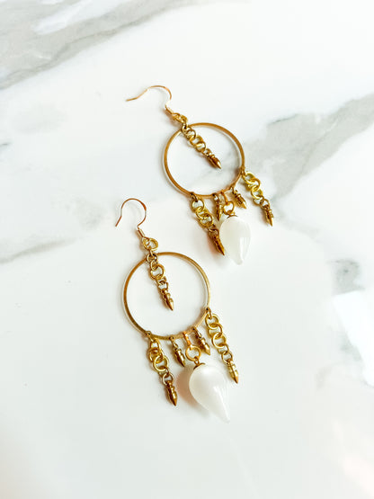 Brass and Deadstock White Moonglow Lucite Bauble Earrings with spike fringe