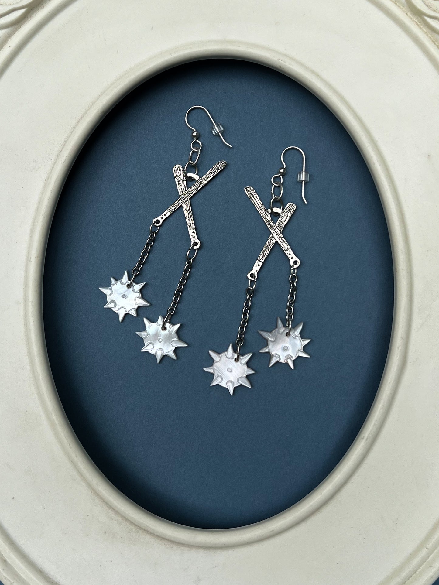 Etched Silver Crossed Flail Earrings with Hand-Carved Mother of Pearl Morning Stars