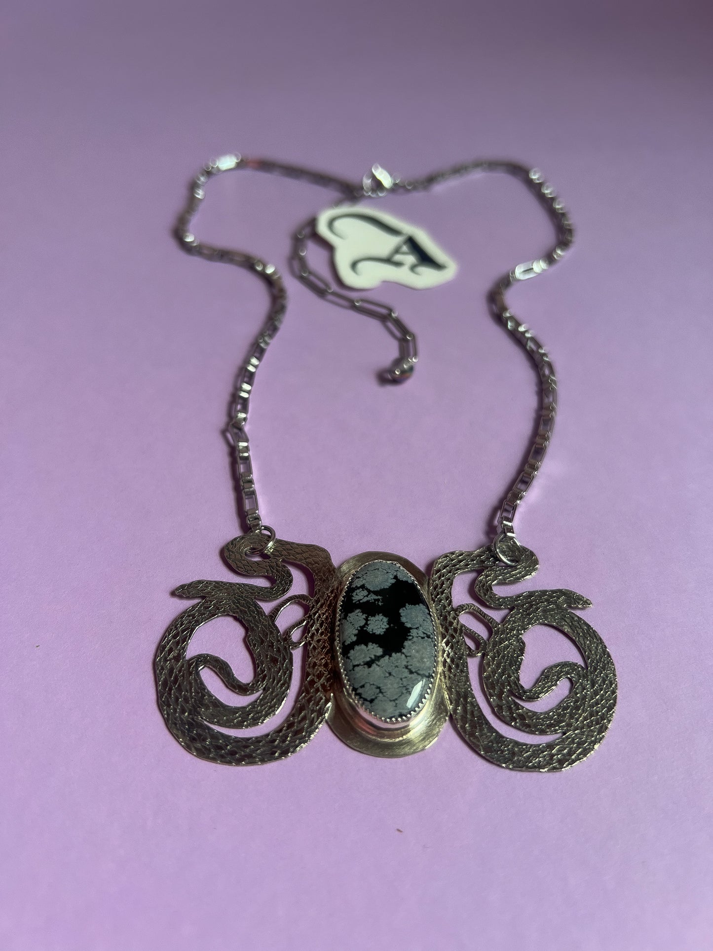 Etched Silver Snake Chestplate with Snowflake Obsidian