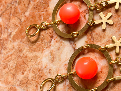 Brass and Deadstock Neon Orange Moonglow Lucite Bauble Earrings with Flower Fringe