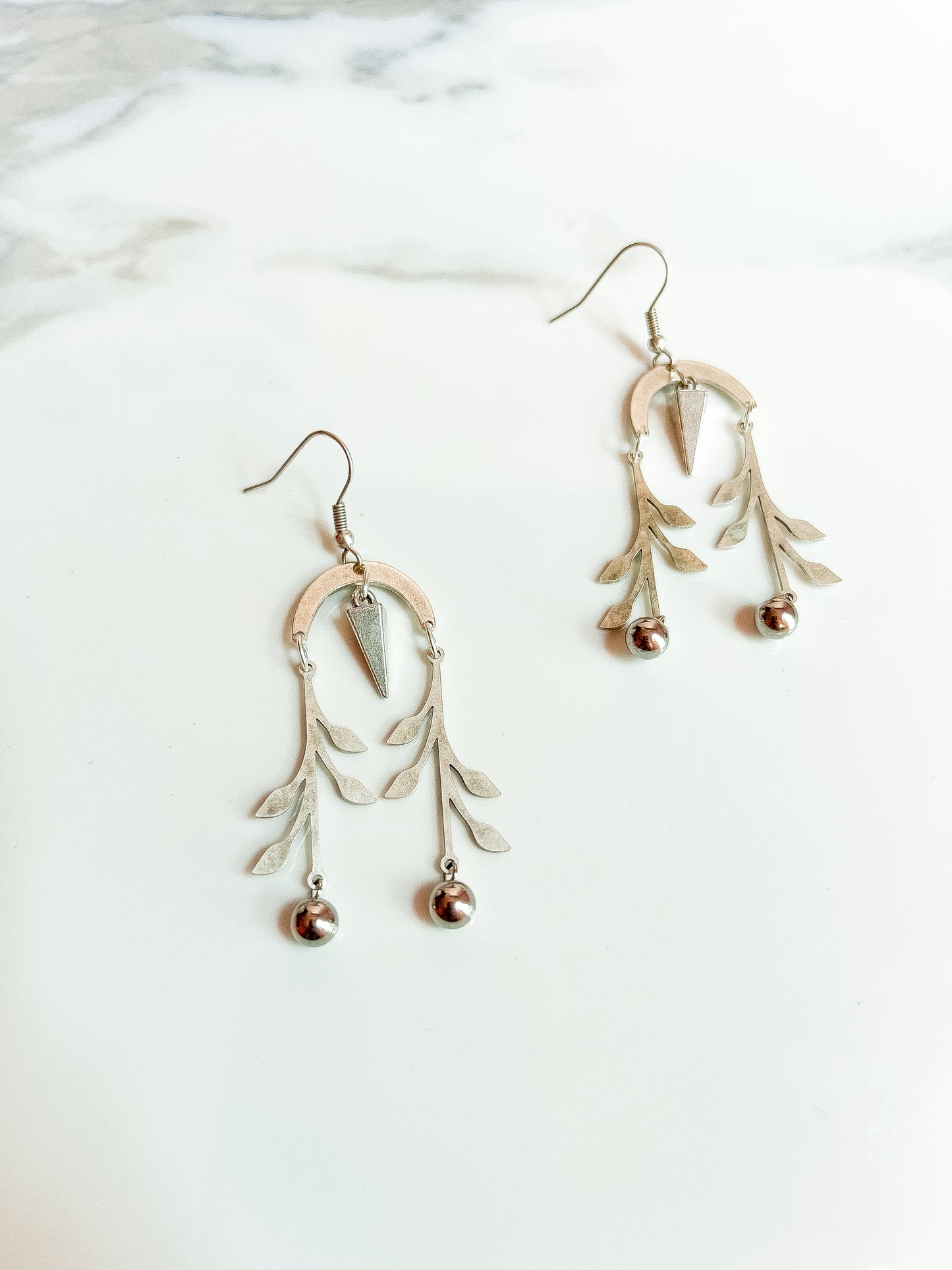 Silver Plated Brass and Vintage Pewter Vine and Spike Earrings