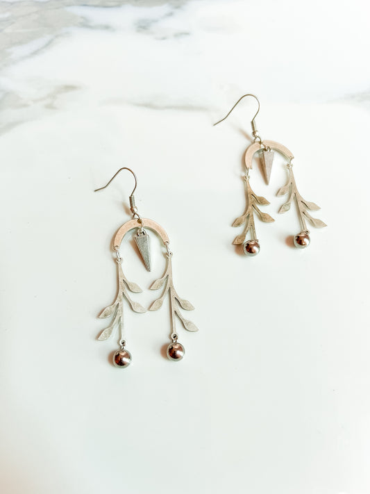 Silver Plated Brass and Vintage Pewter Vine and Spike Earrings