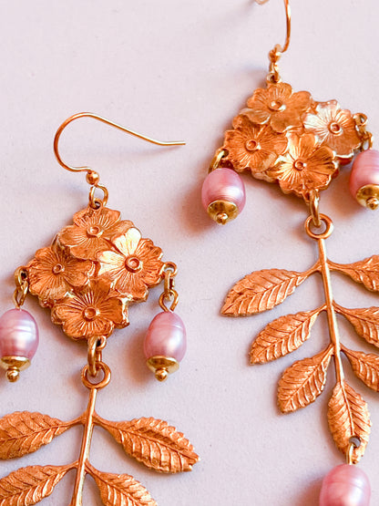 Antique Brass Flower and Leaf Earrings With Bead Capped Peach or Pink Pearls