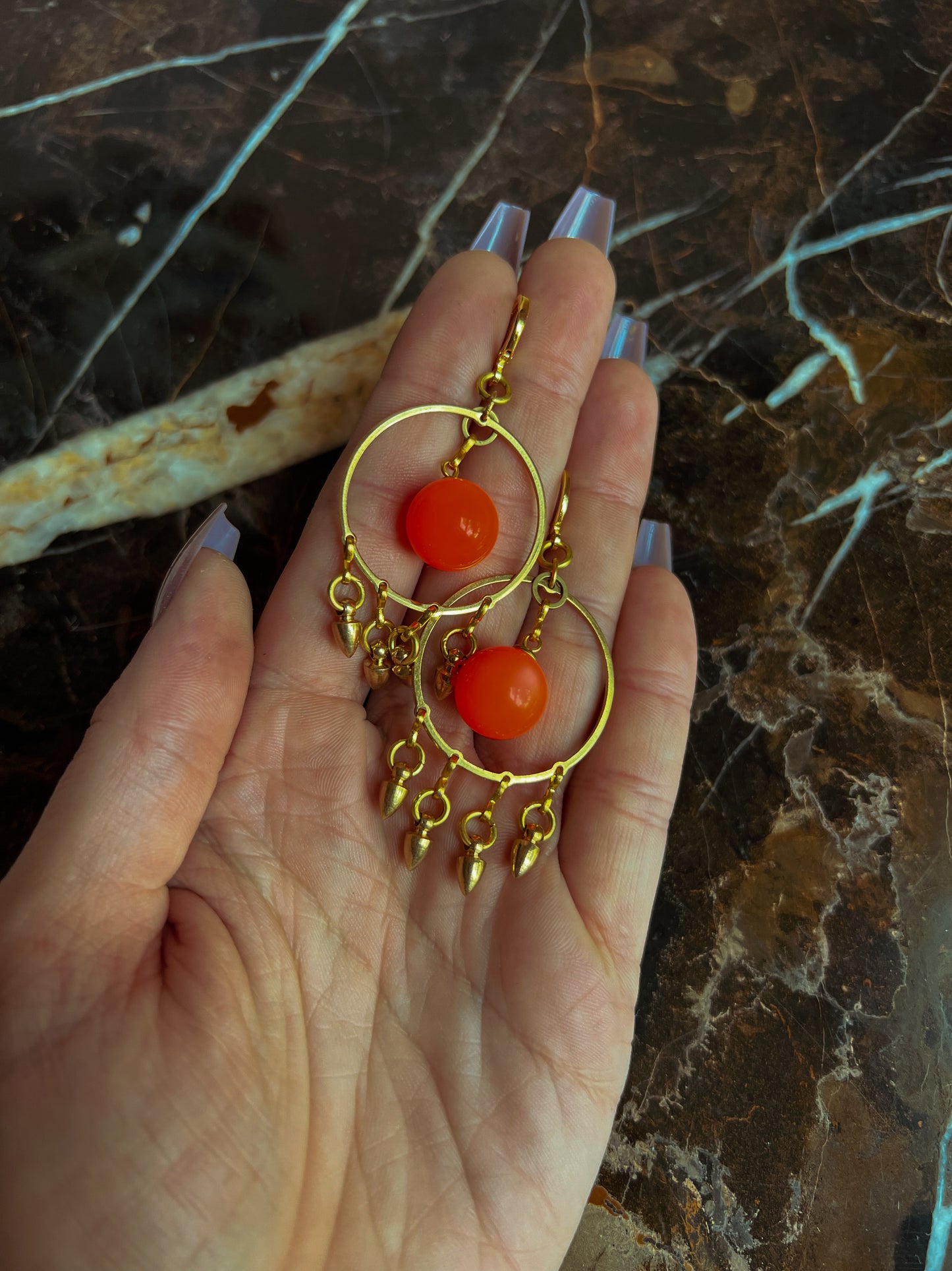 Brass and Deadstock Neon Orange Moonglow Lucite Bauble Earrings with Spikes