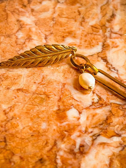 Antique Brass Leaf Collar Pins With Pearls and Vintage Chain