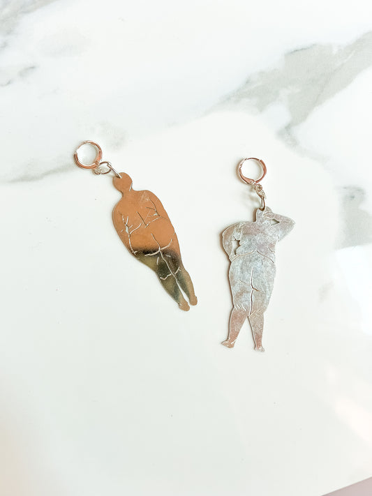 Silver Hand Engraved Missmatched large Size Nude Figure Earrings