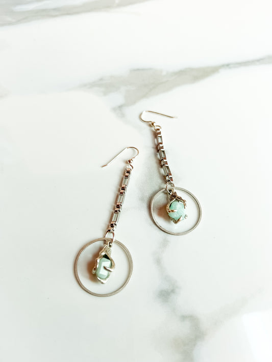 Silver Plated Brass Claw Clasped Amazonite Earrings With Stainless Chain and Sterling Ear Hooks