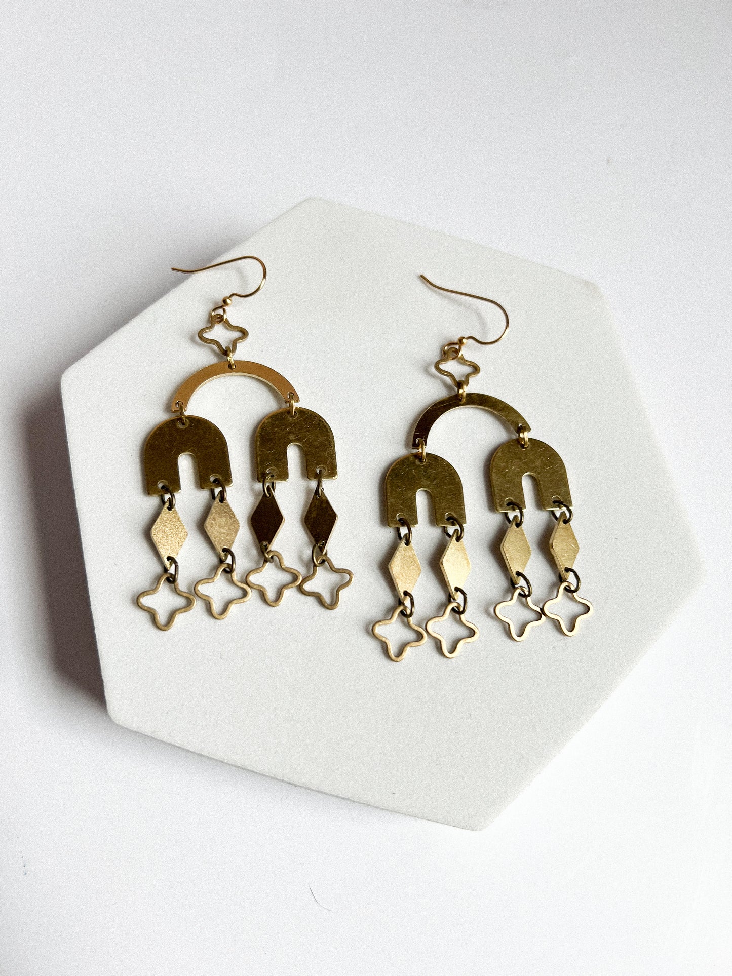 Brass Diamond and Star Cutout Chandelier Collage Earrings