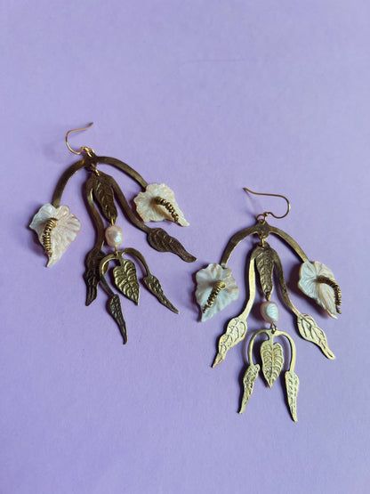 Etched Brass Anthurium Flower Earrings with Hand-Carved Mother of Pearl Flowers