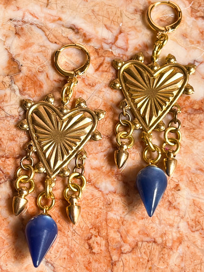 Brass and Deadstock Royal Blue Moonglow Lucite Bauble Earrings with Hearts and Spikes