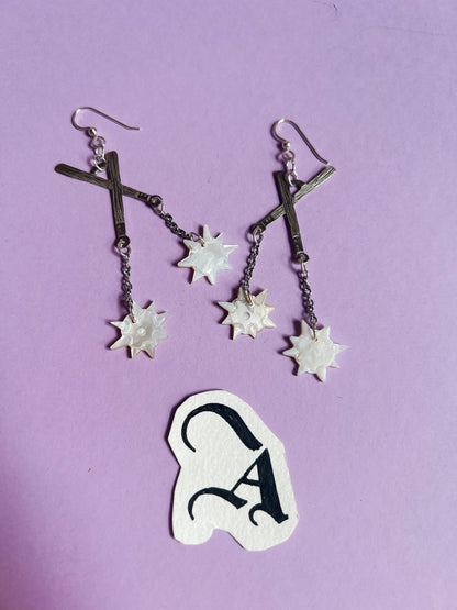 Etched Silver Crossed Flail Earrings with Hand-Carved Mother of Pearl Morning Stars