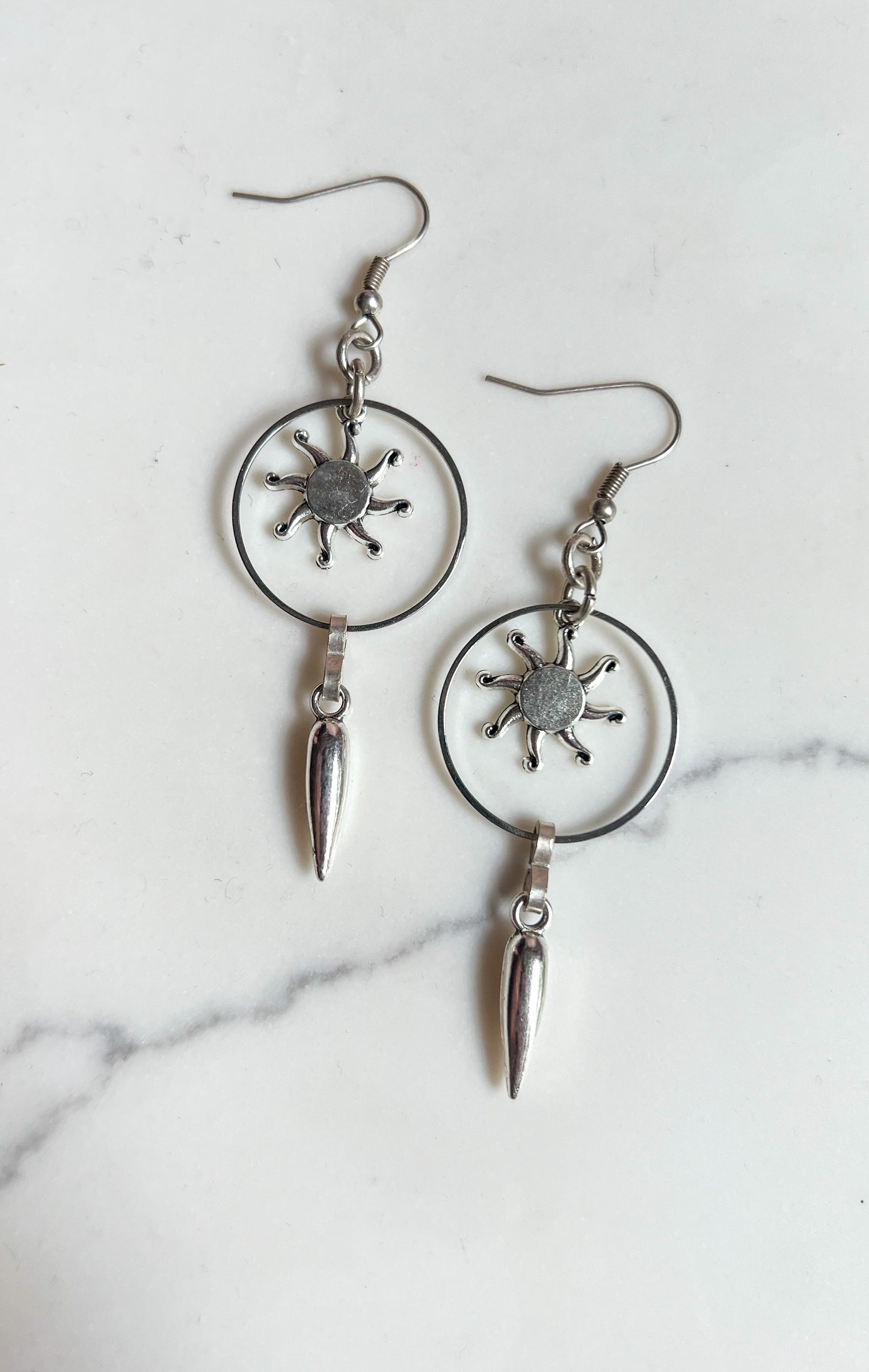 Silver Plated Brass and Vintage Pewter Sun and Spike Earrings