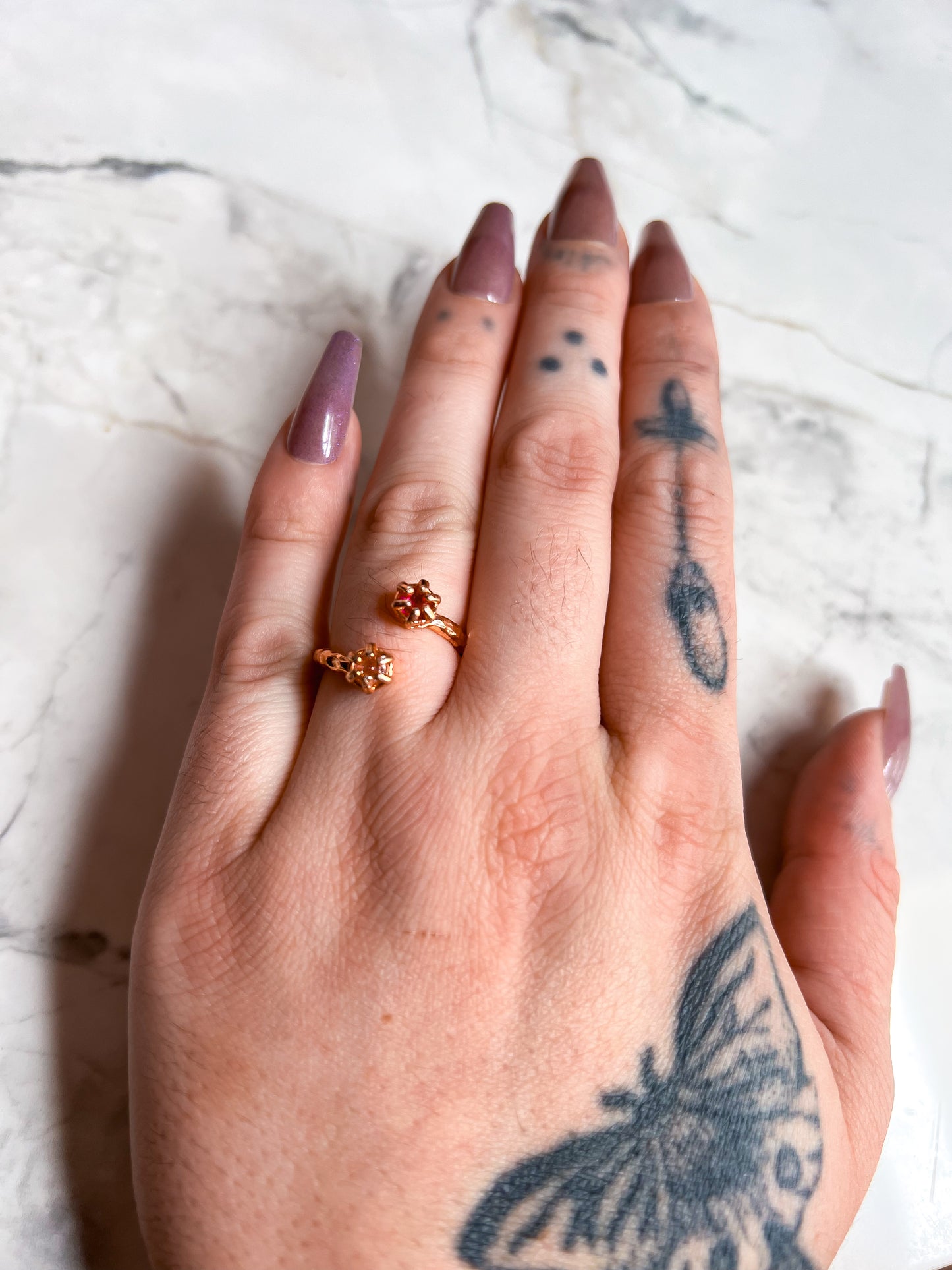 Rose Gold Plated Hammered Brass Open Ring with Rose Quartz and Ruby