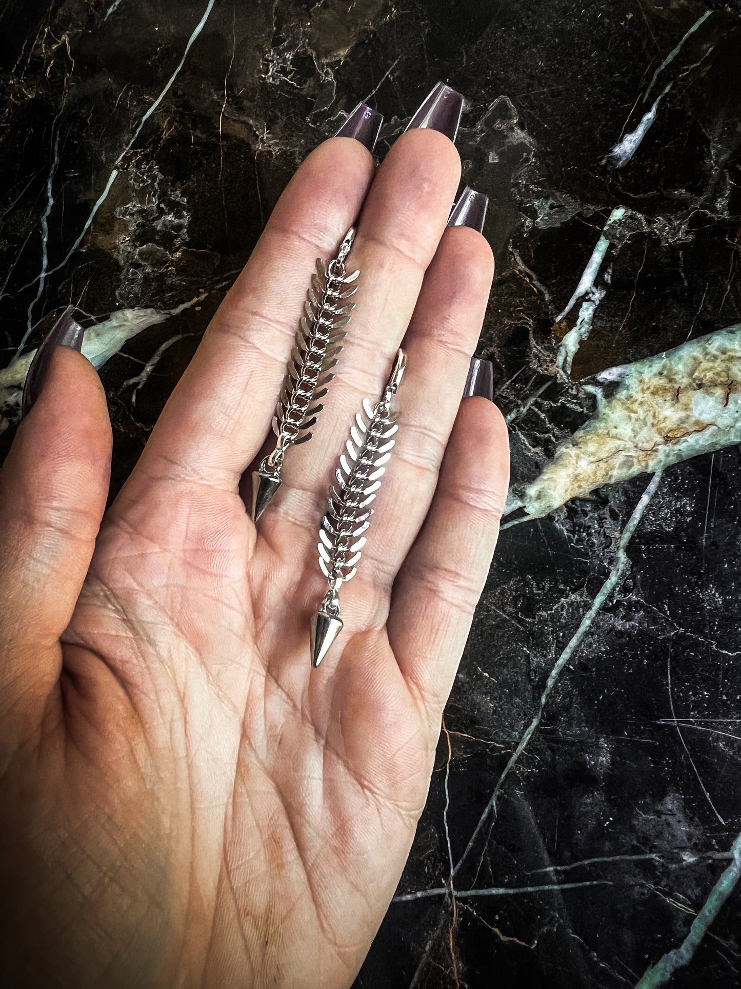 Silver plated brass fishbone chain earrings with vintage pewter spikes and sterling silver mini hoops