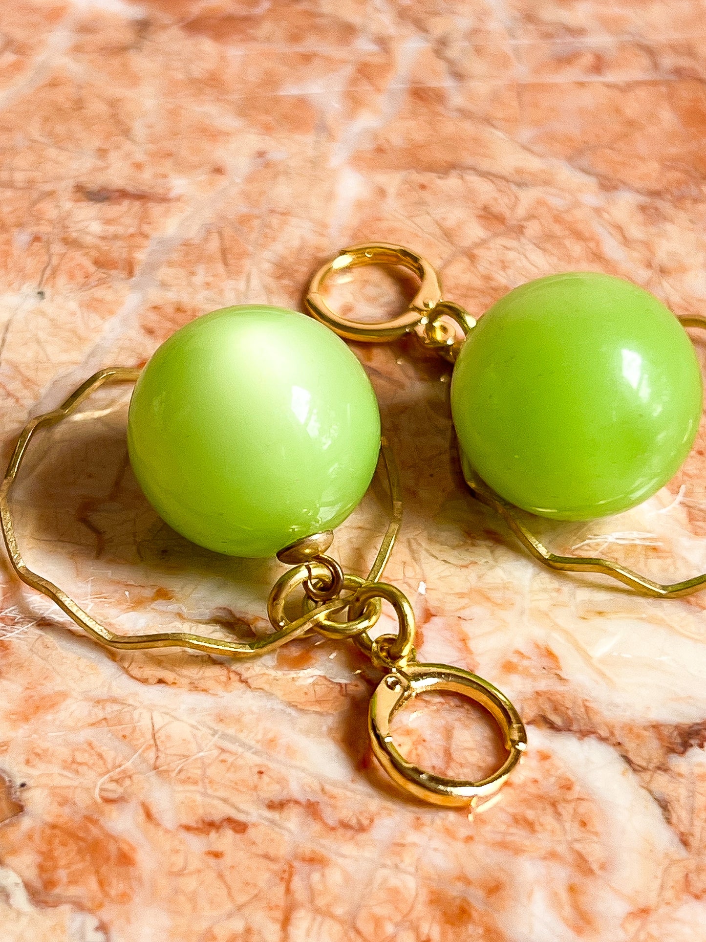 Brass and Deadstock 40's Moonglow Lime Green Lucite Bauble Earrings