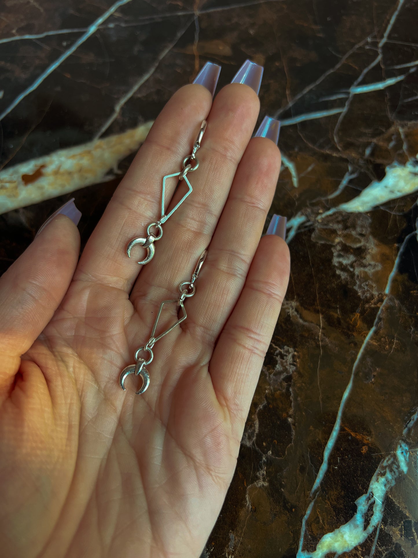 Silver Plated Brass and Vintage Pewter Moon and Diamond Earrings