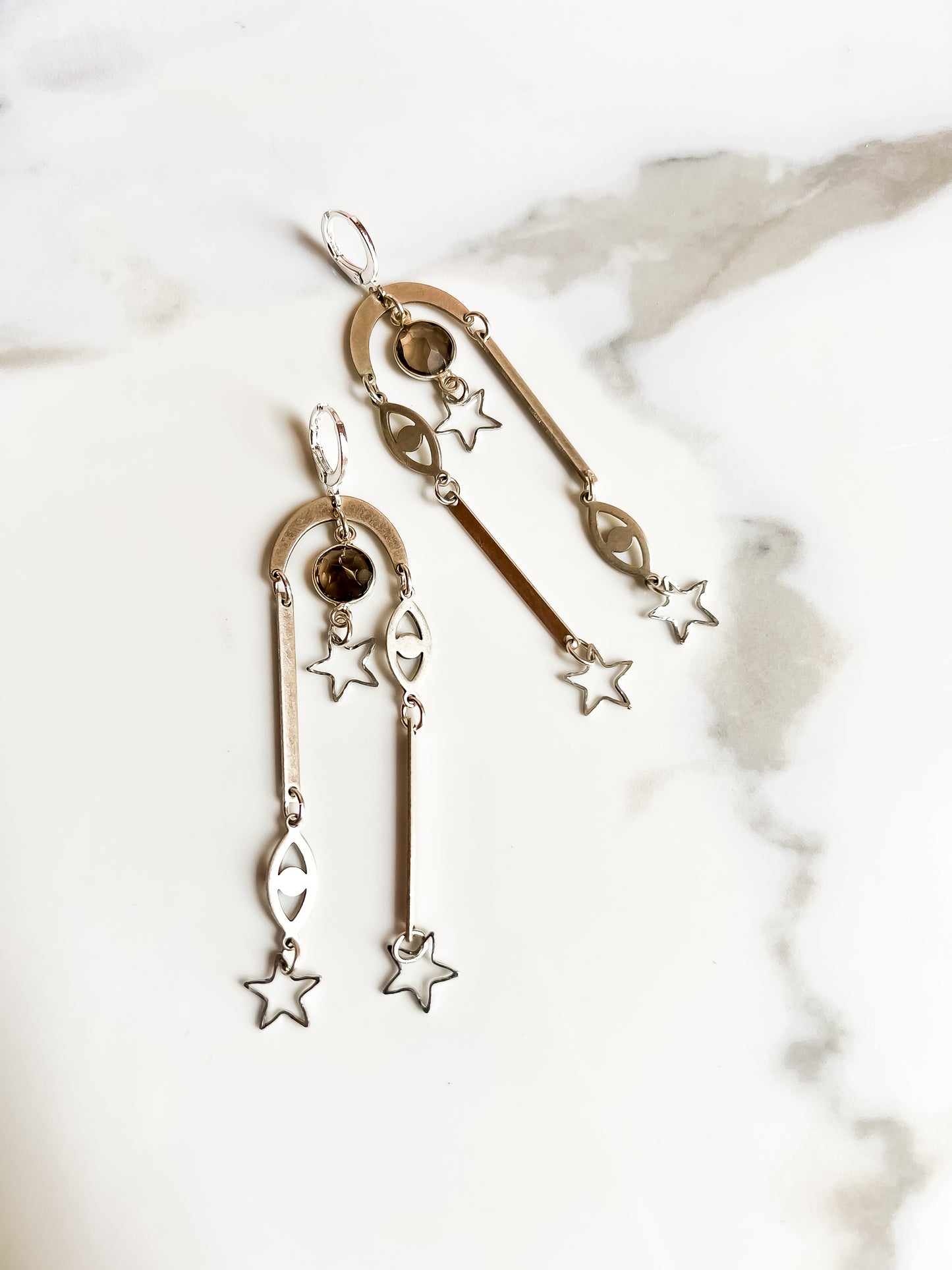 Silver Plated Eye and Star Collage Earrings with Smoky Quartz