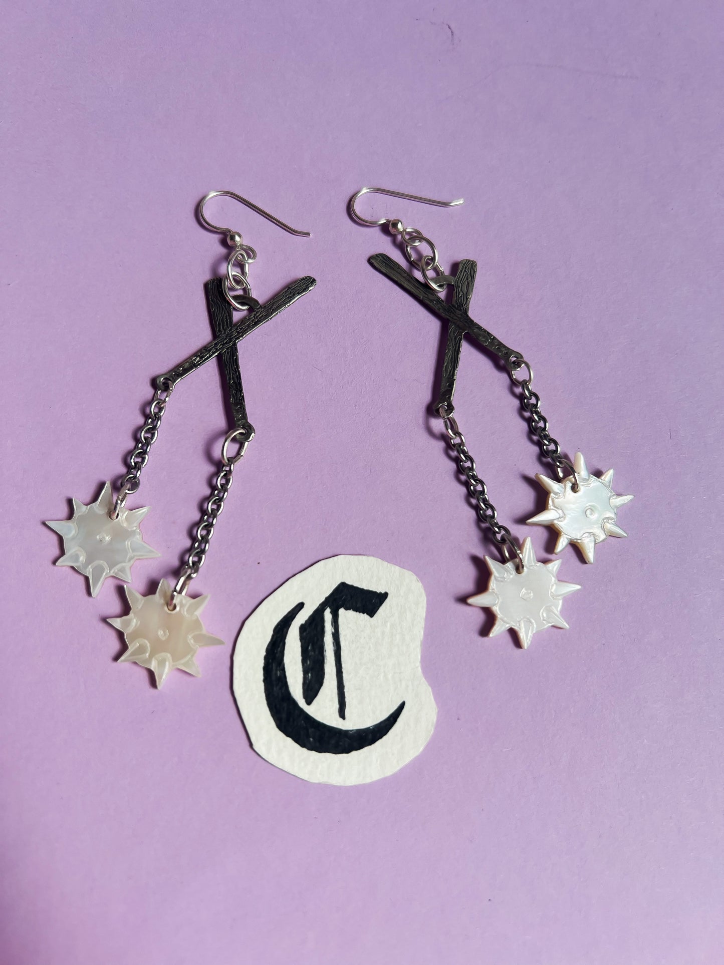 Etched Silver Crossed Flail Earrings with Hand-Carved Mother of Pearl Morning Stars