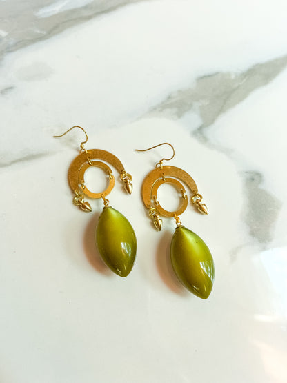 Brass and Deadstock Olive Green Moonglow Lucite Bauble Earrings