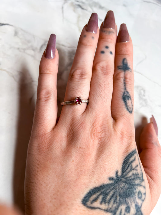 Silver Plated Hammered Brass Open Ring with Ruby