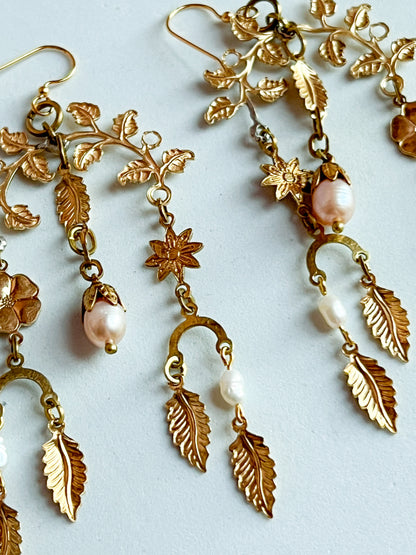 Antique and Vintage  Brass Garden Collage Flower and Leaf Earrings With Bead Capped Peach Pearls and freshwater rice pearls