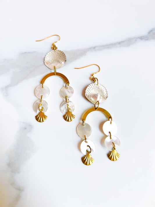 Mother Of Pearl Moon Fringe Earrings With Vintage Glass Mirror Shell Details and Brass Shell Charms