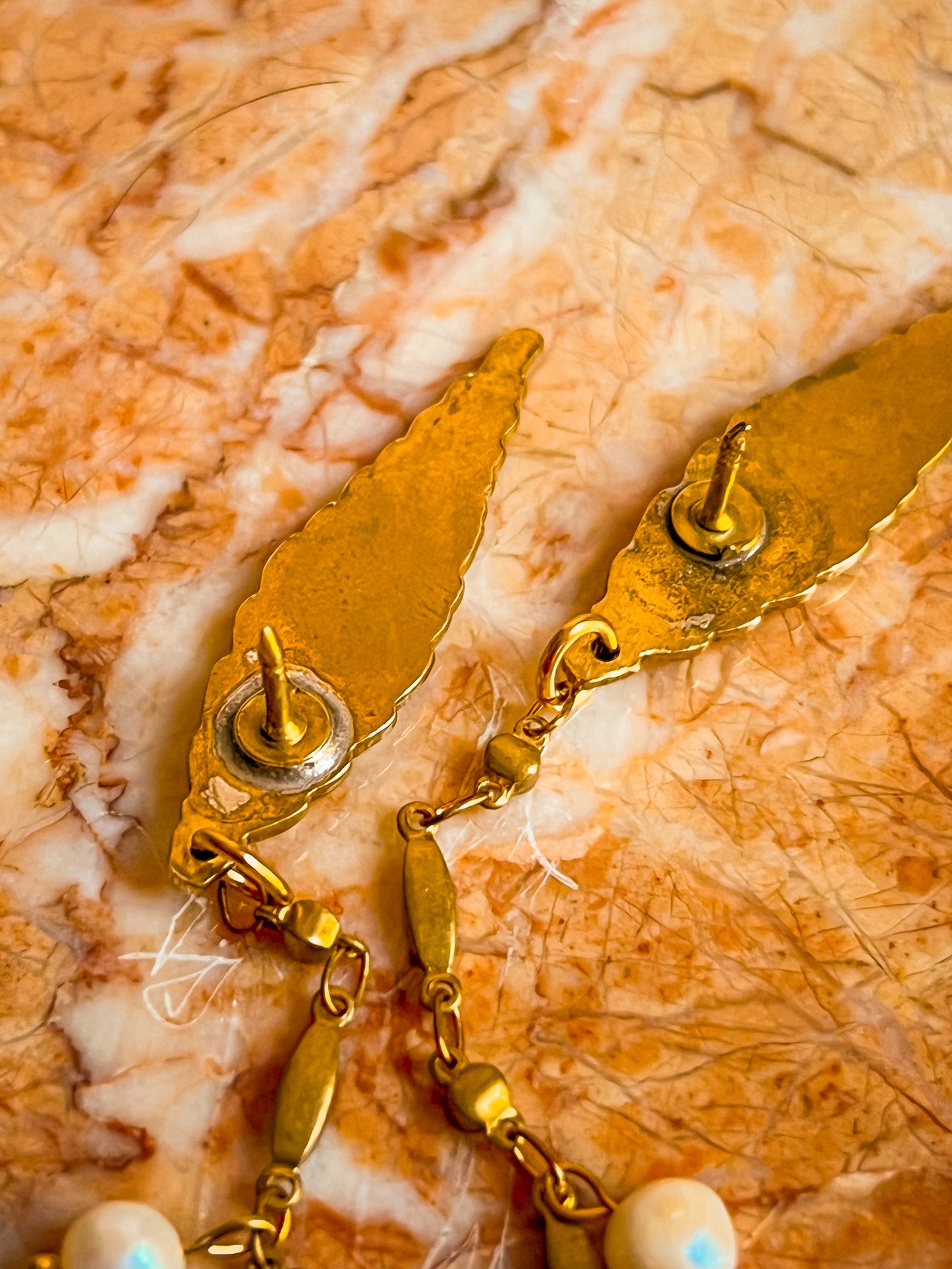 Antique Brass Leaf Collar Pins With Pearls and Vintage Chain