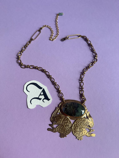 Etched Brass Twin Rabbit and Moss Agate Chestplate with vintage deadstock chain