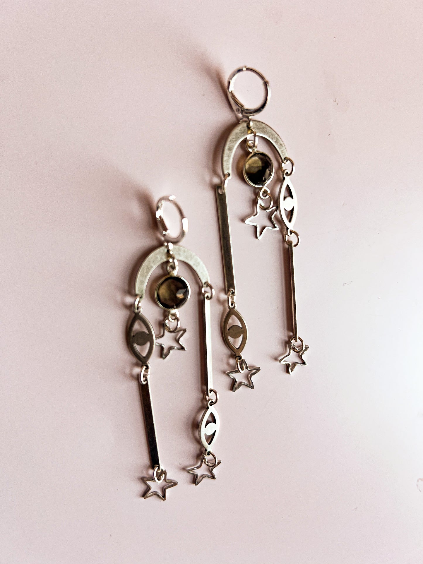 Silver Plated Eye and Star Collage Earrings with Smoky Quartz