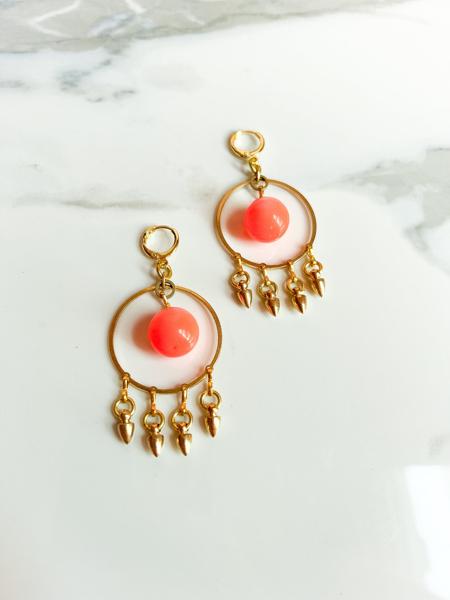 Brass and Deadstock Neon Orange Moonglow Lucite Bauble Earrings with Spikes