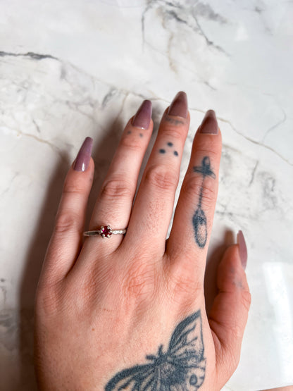 Silver Plated Hammered Brass Open Ring with Ruby