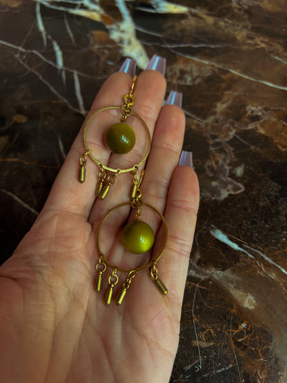 Brass and Deadstock Olive Green Moonglow Lucite Bauble Earrings with spike fringe